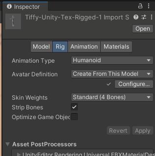 zuccie.com Unity Editor Tiffy-UnityアセットのRigのAnimation TypeをHumanoidにセットしApplyする